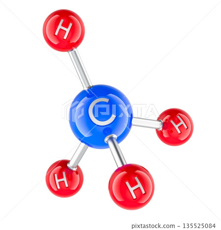 Methane molecule CH4 ball and stick model. 3D rendering Methane molecule CH4 ball and stick model. 3D rendering 135525084