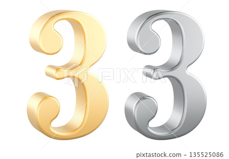 Number three in gold and silver metallic style. 3D rendering 135525086