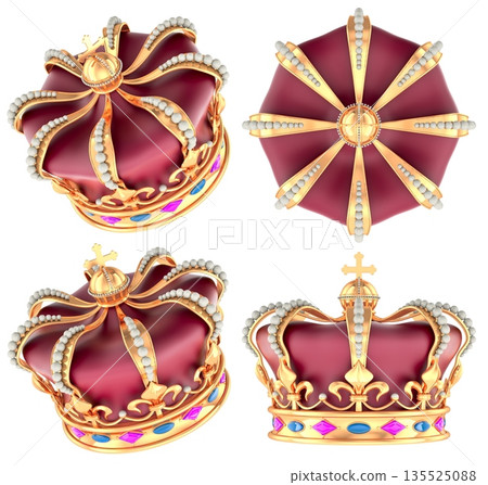 Royal crown, shown from different views. 3D rendering 135525088