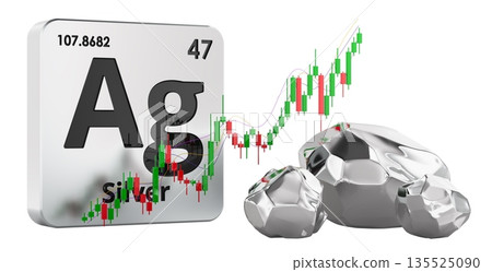 Silver price growth concept with Ag chemical symbol tile rising candlestick chart and silver ore. 3D rendering 135525090