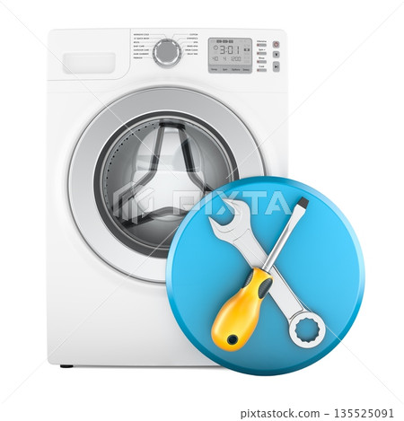 Washing machine with service and repair icon with tools. 3D rendering Washing machine with service and repair icon with tools. 3D rendering 135525091