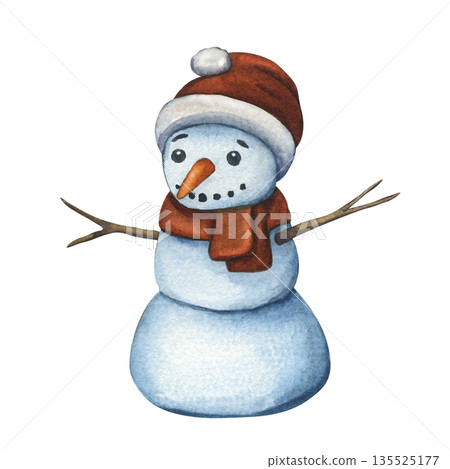 Snowman illustration. Watercolor illustration of cute character snowman in red knitted hat and scarf. Winter charming character on white background for winter holiday design, invitation or postcard Snowman illustration. Watercolor illustration of cute character snowman in red knitted hat and scarf. Winter charming character on white background for winter holiday design, invitation or postcard 135525177