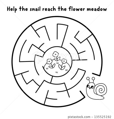 Easter village black and white round geometrical maze with snail going to flower meadow. Simple square line labyrinth game with mollusk. Spring holiday printable activity, coloring page Easter village black and white round geometrical maze with snail going to flower meadow. Simple square line labyrinth game with mollusk. Spring holiday printable activity, coloring page 135525192