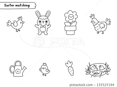 Easter black and white matching activity with animals and spring elements. Holiday puzzle with bunny, carrot, bird, nest, flower, hen, chick. Match objects game, printable worksheet, coloring page 135525194