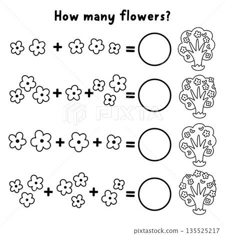 How many flowers black and white game with blooming trees. Spring holiday line math addition activity for children. Simple printable counting worksheet, coloring page for kids with garden plant 135525217
