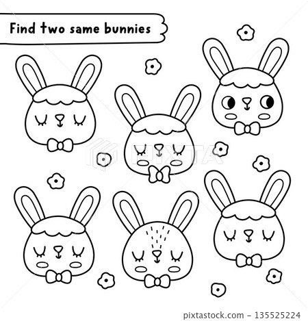 Find two same bunnies. Easter village black and white matching activity for kids. Spring holiday line educational quiz worksheet for kids. Printable game, coloring page with cute hare faces 135525224