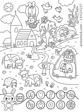 Vector searching black and white game with Easter village landscape. Spot hidden objects. Seek and find line printable activity for kids. Spring holiday coloring page with bunny, hen driving car, Vector searching black and white game with Easter village landscape. Spot hidden objects. Seek and find line printable activity for kids. Spring holiday coloring page with bunny, hen driving car, 135525227