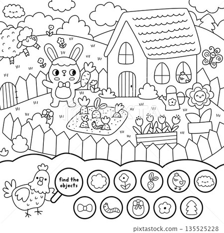 Vector black and white searching game with Easter village landscape. Spot hidden objects. Seek and find line printable activity for kids. Spring holiday coloring page with bunny growing carrots in Vector black and white searching game with Easter village landscape. Spot hidden objects. Seek and find line printable activity for kids. Spring holiday coloring page with bunny growing carrots in 135525228