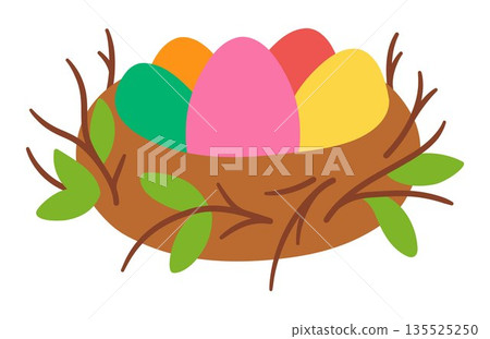 Vector nest with colored eggs. Farm or Easter village illustration isolated on white background. Cute spring holiday symbol clipart for kids Vector nest with colored eggs. Farm or Easter village illustration isolated on white background. Cute spring holiday symbol clipart for kids 135525250
