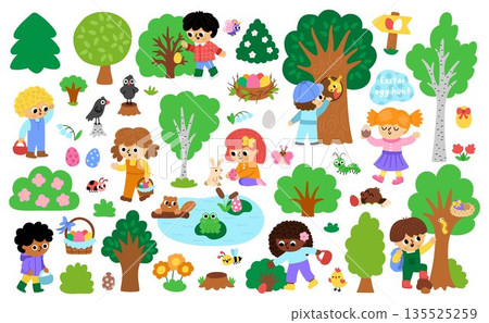 Vector Easter egg hunt clipart set. Cute kid icons collection with trees, bushes, insects, colored eggs, basket, nature element. Illustration pack with children looking for eggs in forest Vector Easter egg hunt clipart set. Cute kid icons collection with trees, bushes, insects, colored eggs, basket, nature element. Illustration pack with children looking for eggs in forest 135525259