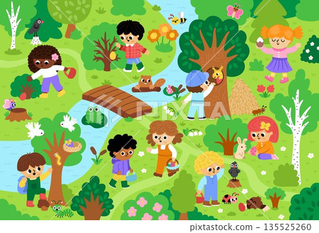 Vector Easter egg hunt background. Cute landscape with kids, trees, bushes, insects, colored eggs, basket, nature element. Woodland scene with children looking for eggs in forest Vector Easter egg hunt background. Cute landscape with kids, trees, bushes, insects, colored eggs, basket, nature element. Woodland scene with children looking for eggs in forest 135525260