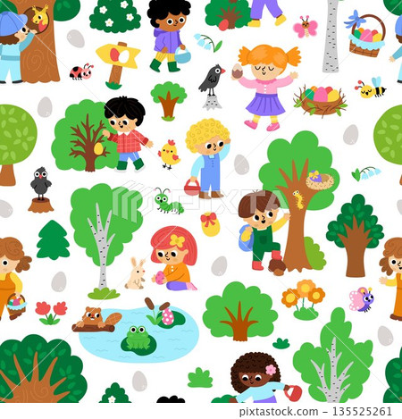 Vector Easter egg hunt seamless pattern. Repeat background with cute kids, trees, bushes, insects, colored eggs, basket, nature element. Digital paper with children looking for eggs in forest 135525261