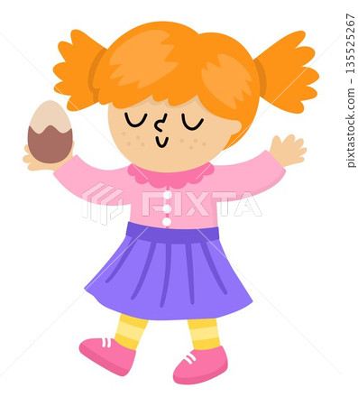 Happy joyful girl holding chocolate egg. Vector Easter egg hunt concept. Cute kid icon. Spring holiday illustration. Children clipart isolated on white background Happy joyful girl holding chocolate egg. Vector Easter egg hunt concept. Cute kid icon. Spring holiday illustration. Children clipart isolated on white background 135525267
