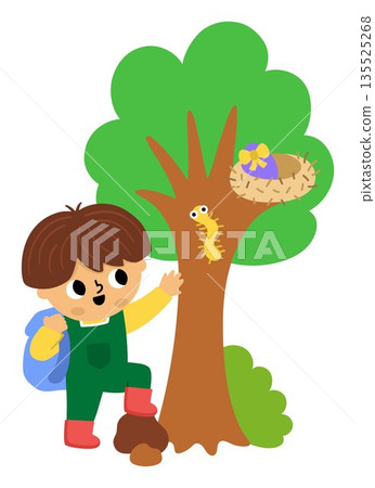 Boy searching for egg in the nest on tree. Vector Easter egg hunt concept. Cute kid icon. Spring holiday illustration. Woodland or forest children clipart isolated on white background Boy searching for egg in the nest on tree. Vector Easter egg hunt concept. Cute kid icon. Spring holiday illustration. Woodland or forest children clipart isolated on white background 135525268