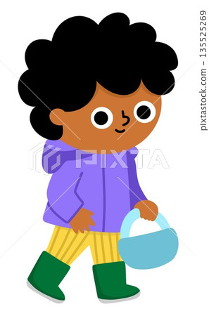 Boy with basket. Vector Easter egg hunt or mushroom gathering concept. Cute kid icon. Spring holiday illustration. Woodland or forest children clipart isolated on white background Boy with basket. Vector Easter egg hunt or mushroom gathering concept. Cute kid icon. Spring holiday illustration. Woodland or forest children clipart isolated on white background 135525269