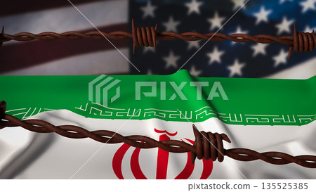 United States and Iran Tension Under Sanctions and Geopolitical Conflict Concept 3d render. United States and Iran Tension Under Sanctions and Geopolitical Conflict Concept 3d render. 135525385