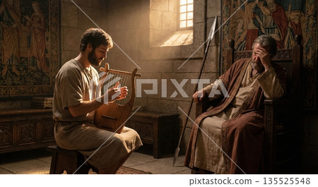 David sits on a chair and plays a harp while King Saul listens. The room has stone walls and a window letting in sunlight. Both figures are dressed in clothing of their time. 135525548
