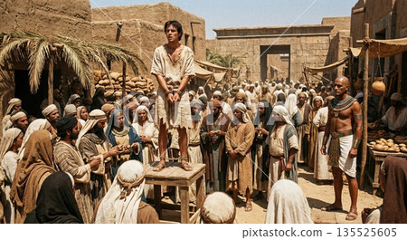 In a bustling Egyptian marketplace Joseph stands on a raised platform while many onlookers gather around. He is engaged in interpreting dreams sharing his insights with the people. 135525605