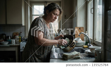 woman stands at the sink washing dishes and handling stacks of cash. The kitchen appears cluttered with dirty dishes and cooking items. The light comes through the window. 135525764