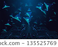 Digital Particle Geometry. Data Flow, AI Networks and Futuristic Triangles Vector Illustration 135525769