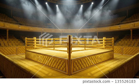 large yellow plush ring stands in the center of a well lit arena. The seating areas surround the ring. Soft lighting creates a warm environment for spectators. large yellow plush ring stands in the center of a well lit arena. The seating areas surround the ring. Soft lighting creates a warm environment for spectators. 135526183
