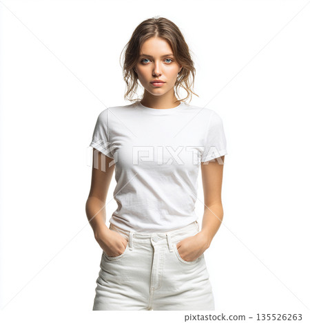 身穿白色T恤和褲子的女子 135526263
