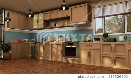 Lamp illuminated empty kitchen with wooden cabinets and appliances for preparing food. Tidy cooking space with steel appliances inside minimalist home interior, modern design concept 135526292