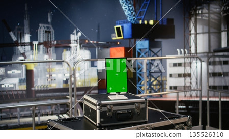Vertical green screen tablet on empty oil rig connected to a dashboard, monitoring calibration, asset management and performance in the offshore energy sector. Petrol maintenance. 135526310