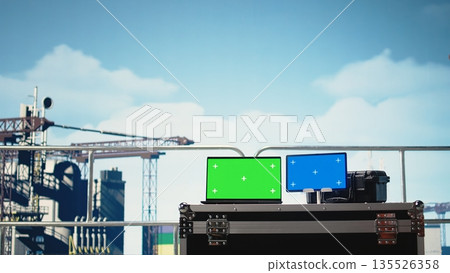 Isolated screen tablet and laptop on drilling rig used for doing maintenance, monitoring gear. Chroma key devices on offshore platform ship digital analyzing performance metrics Isolated screen tablet and laptop on drilling rig used for doing maintenance, monitoring gear. Chroma key devices on offshore platform ship digital analyzing performance metrics 135526358