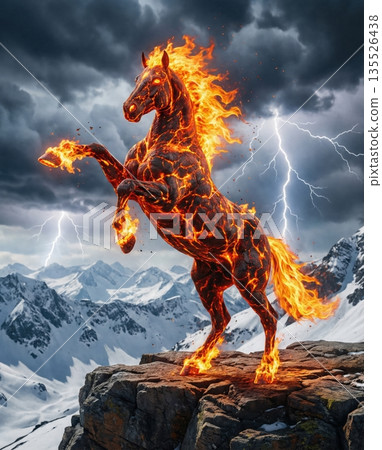 fiery horse rears up on rocky terrain with flames surrounding its body as lightning strikes nearby. Dark storm clouds fill the sky over snow capped mountains. fiery horse rears up on rocky terrain with flames surrounding its body as lightning strikes nearby. Dark storm clouds fill the sky over snow capped mountains. 135526438