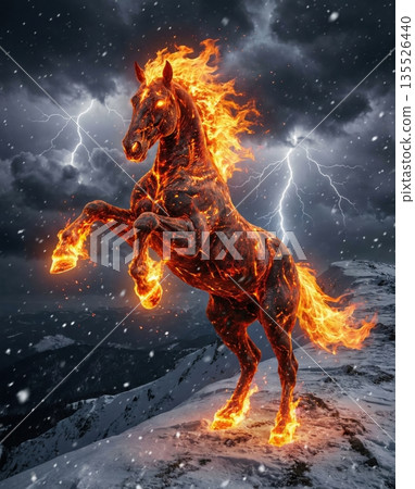 horse made of flames stands on a snowy mountain. Dark clouds surround it as lightning strikes. This scene captures elements of power and change for the year 2026. horse made of flames stands on a snowy mountain. Dark clouds surround it as lightning strikes. This scene captures elements of power and change for the year 2026. 135526440