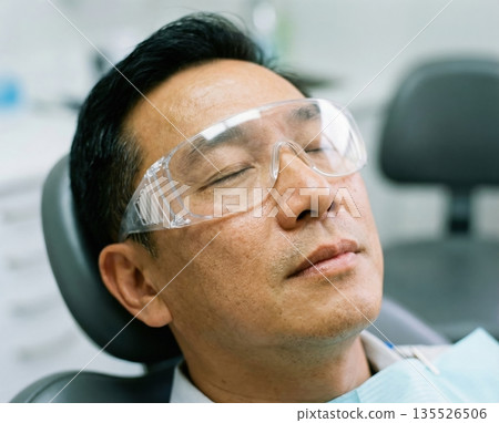 asian client sits in a dental chair with eyes closed while the dentist prepares tools for treatment. The setting is a clean dental office focused on oral health. 135526506