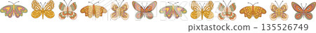 Groovy retro butterfly border pattern in colorful style. Wallpaper with 70s and y2k inspiration forms a graphic, artistic line of butterflies. Trendy vintage decor for creative 135526749