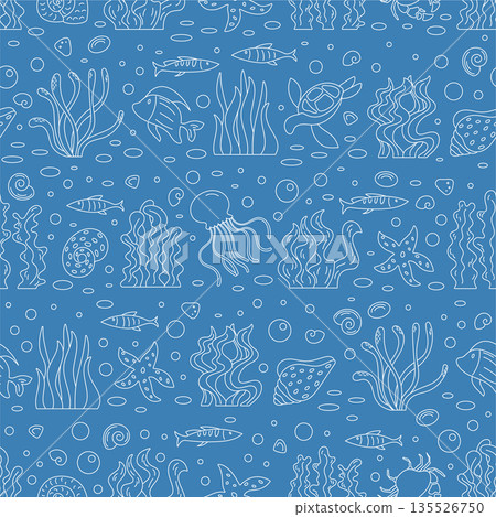 Seamless aquatic pattern in outline style with marine reef elements. Fish, jellyfish, and turtles in underwater ocean theme. Doodle background ideal for textile or decor. Seamless aquatic pattern in outline style with marine reef elements. Fish, jellyfish, and turtles in underwater ocean theme. Doodle background ideal for textile or decor. 135526750