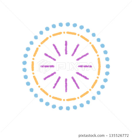 Chalk firework burst shines in a colorful circle. Starburst spark and festive symbol add celebration and magic. This graphic suits any holiday theme or party card, round shape on white background. Chalk firework burst shines in a colorful circle. Starburst spark and festive symbol add celebration and magic. This graphic suits any holiday theme or party card, round shape on white background. 135526772