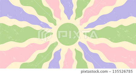 Retro groovy sun burst with wavy pastel rays forms a grungy sunshine style. sun and burst pattern set in a horizontal background, y2k color and artistic graphic for modern creative use. Retro groovy sun burst with wavy pastel rays forms a grungy sunshine style. sun and burst pattern set in a horizontal background, y2k color and artistic graphic for modern creative use. 135526785