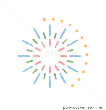 Chalk festive firework and starburst pattern in a round circle element. Confetti and burst shapes add sparkle celebration details on a bright background. Vivid ornament for party decor. Chalk festive firework and starburst pattern in a round circle element. Confetti and burst shapes add sparkle celebration details on a bright background. Vivid ornament for party decor. 135526786