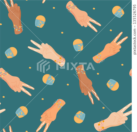 Flat seamless pattern of two finger rule hand shape with sunscreen tube and sunblock. SPF cream, lotion for skin, summer care, seamless pattern in flat style for sun protection, body product wallpaper Flat seamless pattern of two finger rule hand shape with sunscreen tube and sunblock. SPF cream, lotion for skin, summer care, seamless pattern in flat style for sun protection, body product wallpaper 135526795