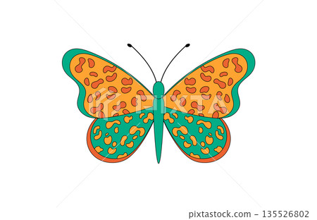 Groovy retro butterfly sticker in a funky pop style and bold orange color. This colorful cute motif is a playful groovy element, ideal as an artistic patch or graphic for modern creative design. Groovy retro butterfly sticker in a funky pop style and bold orange color. This colorful cute motif is a playful groovy element, ideal as an artistic patch or graphic for modern creative design. 135526802
