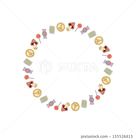 Groovy retro circle border drawing in colorful psychedelic hippie style pattern. Funky candy and mushroom symbol, peace theme and y2k composition. Artistic format, abstract creative edge, Groovy retro circle border drawing in colorful psychedelic hippie style pattern. Funky candy and mushroom symbol, peace theme and y2k composition. Artistic format, abstract creative edge, 135526813