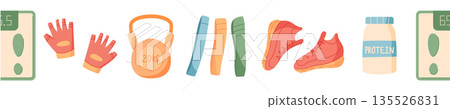 Seamless border with colorful fitness and gym equipment in flat style pattern. A vibrant frame featuring workout items like sneakers, kettlebell, bottle, and gloves. Perfect for exercise, wellness, or 135526831