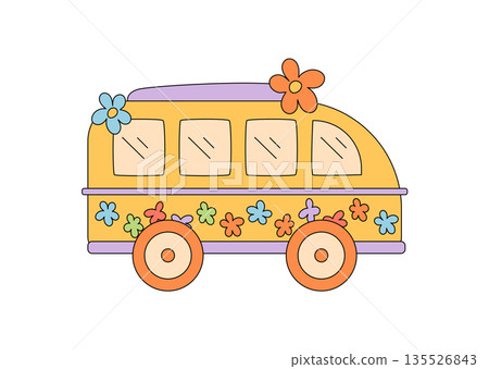 Groovy y2k hippie van in colorful cartoon graphic style with playful flower elements. Funky retro party festival vibe, vibrant groovy element as an artistic illustration for fun summer themes. 135526843