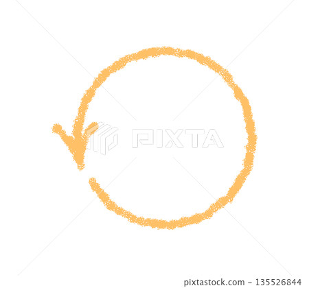 Chalk swirl arrow icon in orange hand drawn sketch style. Round symbol forms a circle element with rough texture and grunge outline. Decorative arrow and swirl motif ideal as bold art accent. 135526844