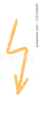 Hand drawn chalk arrow swirl with textured stroke. Yellow pointer symbol forms a bold down element with scribble graphic style. Abstract graphic detail for creative modern concept and dynamic visual 135526849