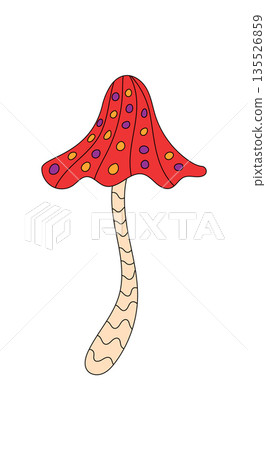 Groovy psychedelic mushroom with wavy retro form in cartoon graphic style. Trippy shroom element as magic and colorful sticker for y2k and groovy element art in playful vintage mood. Groovy psychedelic mushroom with wavy retro form in cartoon graphic style. Trippy shroom element as magic and colorful sticker for y2k and groovy element art in playful vintage mood. 135526859