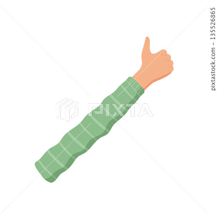 Cartoon hand gesture with one raised finger. Arm showing the number one in a counting pose. Light skin tone, green sleeve, flat style, isolated, ideal for education or school material. 135526865