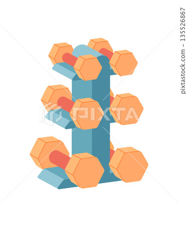 Minimal style dumbbell rack with weights for gym and fitness. Weightlifting equipment designed for sport and training exercises. Essential tool strength workout routines. Minimal style dumbbell rack with weights for gym and fitness. Weightlifting equipment designed for sport and training exercises. Essential tool strength workout routines. 135526867