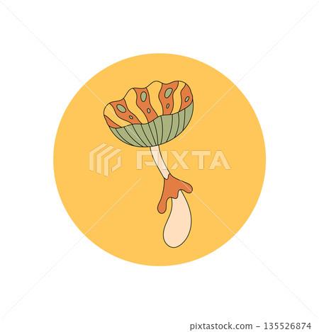 Groovy retro circle mushroom label in flat orange style sticker. This sticker works as a box or package seal and makes an ideal lid tag for trendy y2k inspired packaging. 135526874
