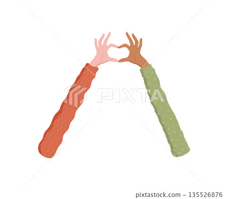 Flat cartoon graphic style diverse hands create a heart shape. Community and love symbol with connection and solidarity. Gesture of friendship support in colorful minimal design. Flat cartoon graphic style diverse hands create a heart shape. Community and love symbol with connection and solidarity. Gesture of friendship support in colorful minimal design. 135526876