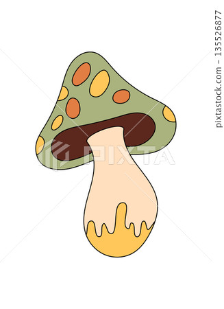 Groovy retro mushroom cartoon with psychedelic magic pop style. Funky shroom appears as a groovy element in colorful form and y2k graphic look. Retro and funky theme for creative use. 135526877